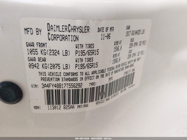 46015429 :رقم المزاد ، 3A4FY48B17T556292 vin ، 2007 Chrysler Pt Cruiser مزاد بيع