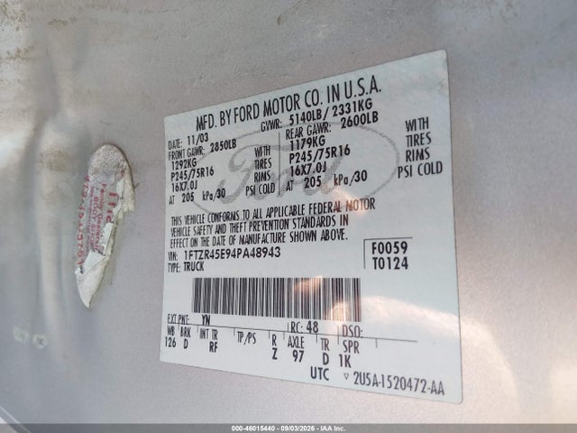 46015440 :رقم المزاد ، 1FTZR45E94PA48943 vin ، 2004 Ford Ranger Edge/tremor/xlt مزاد بيع