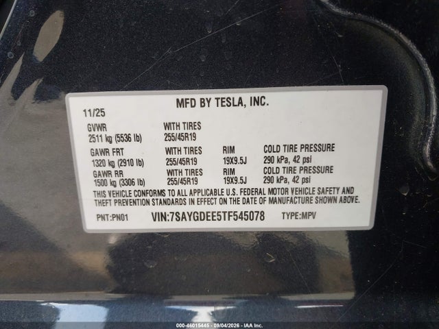 Aukcja sprzedaży 2026 Tesla Model Y All-wheel Drive/long Range Launch Series/premium All-wheel Drive, vin: 7SAYGDEE5TF545078, numer aukcji: 46015445