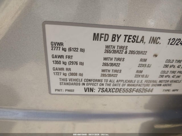 Aukcja sprzedaży 2025 Tesla Model X Long Range, vin: 7SAXCDE55SF462644, numer aukcji: 46015448