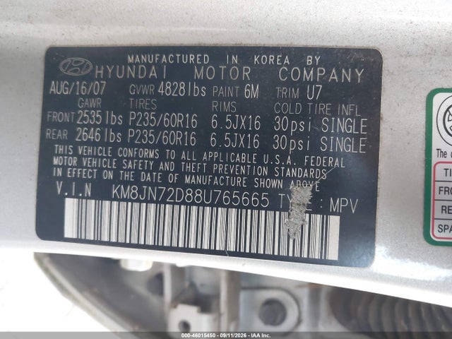 Продажа на аукционе авто 2008 Hyundai Tucson Limited V6/se, vin: KM8JN72D88U765665, номер лота: 46015450