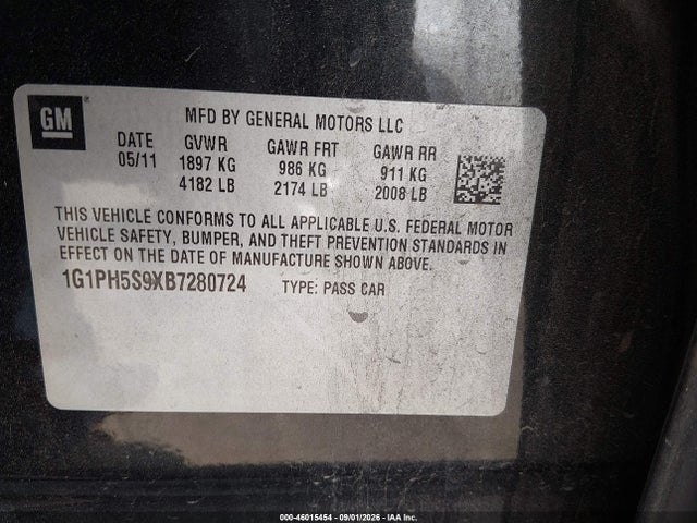 2011 Chevrolet Cruze Ltz მანქანა იყიდება აუქციონზე, vin: 1G1PH5S9XB7280724, აუქციონის ნომერი: 46015454