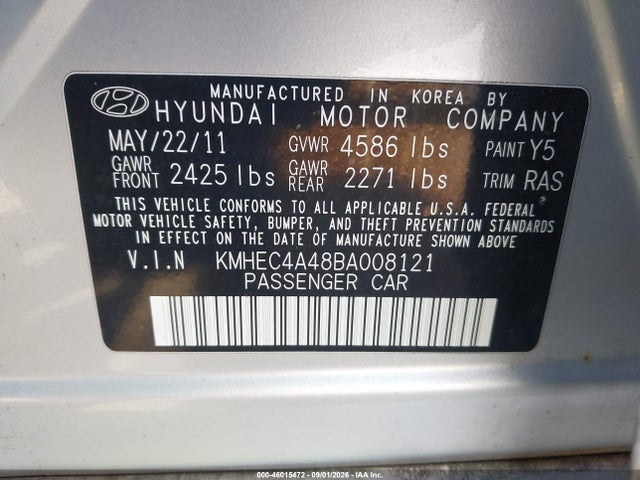 Aukcja sprzedaży 2011 Hyundai Sonata Hybrid, vin: KMHEC4A48BA008121, numer aukcji: 46015472