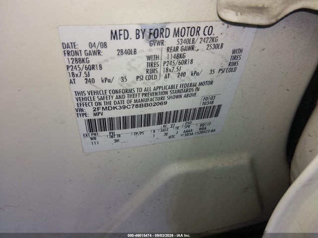 Aukcja sprzedaży 2008 Ford Edge Limited, vin: 2FMDK39C78BB02069, numer aukcji: 46015474