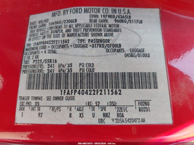 2002 Ford Mustang Deluxe/premium/standard მანქანა იყიდება აუქციონზე, vin: 1FAFP40422F211562, აუქციონის ნომერი: 46015475