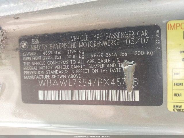 Aukcja sprzedaży 2007 Bmw 335i, vin: WBAWL73547PX45785, numer aukcji: 46015482
