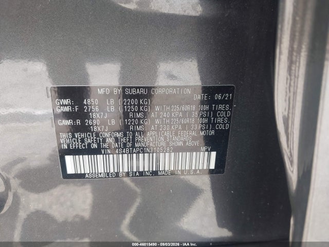 Aukcja sprzedaży 2022 Subaru Outback Touring, vin: 4S4BTAPC1N3105282, numer aukcji: 46015490
