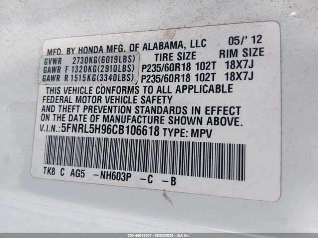 Продаж на аукціоні авто 2012 Honda Odyssey Touring/touring Elite, vin: 5FNRL5H96CB106618, номер лоту: 46015507
