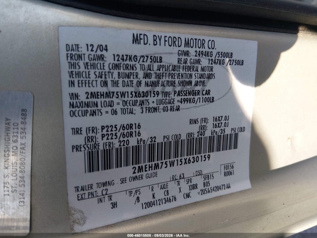 46015508 :رقم المزاد ، 2MEHM75W15X630159 vin ، 2005 Mercury Grand Marquis Ls/lse مزاد بيع