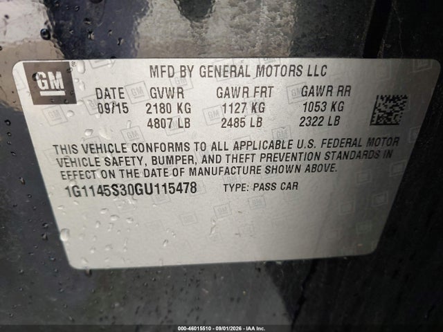 Продажа на аукционе авто 2016 Chevrolet Impala 2lz, vin: 1G1145S30GU115478, номер лота: 46015510