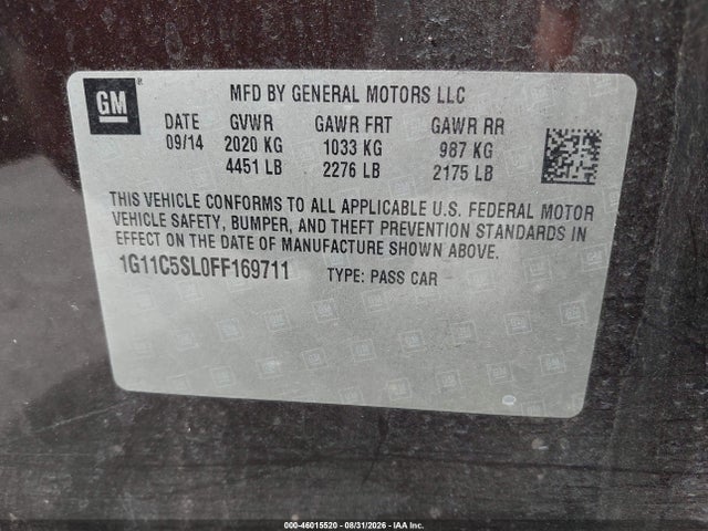 Продажа на аукционе авто 2015 Chevrolet Malibu 1lt, vin: 1G11C5SL0FF169711, номер лота: 46015520