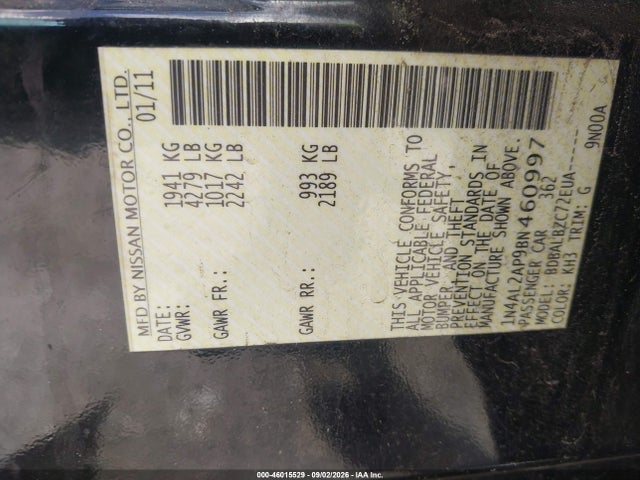 2011 Nissan Altima 2.5 S მანქანა იყიდება აუქციონზე, vin: 1N4AL2AP9BN460997, აუქციონის ნომერი: 46015529
