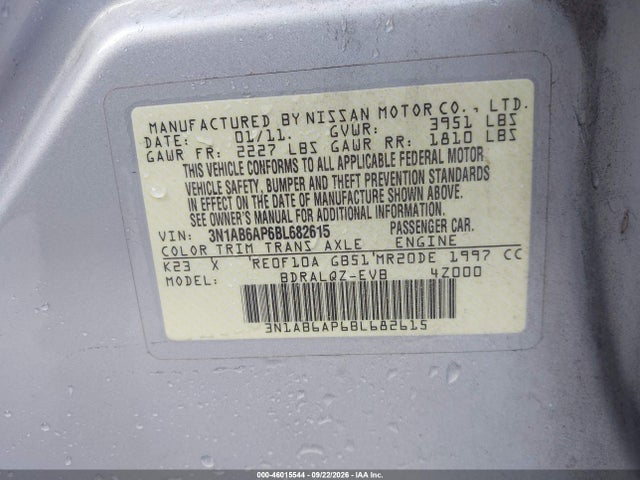 Aukcja sprzedaży 2011 Nissan Sentra 2.0, vin: 3N1AB6AP6BL682615, numer aukcji: 46015544