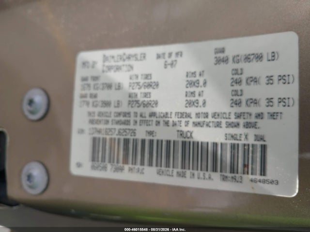 Продажа на аукционе авто 2007 Dodge Ram 1500 Slt, vin: 1D7HA18257J625726, номер лота: 46015548