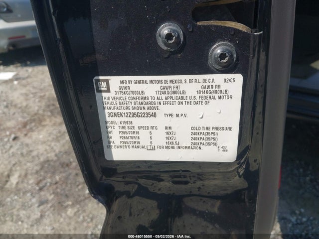 2005 Chevrolet Avalanche 1500 Ls მანქანა იყიდება აუქციონზე, vin: 3GNEK12Z05G223540, აუქციონის ნომერი: 46015550