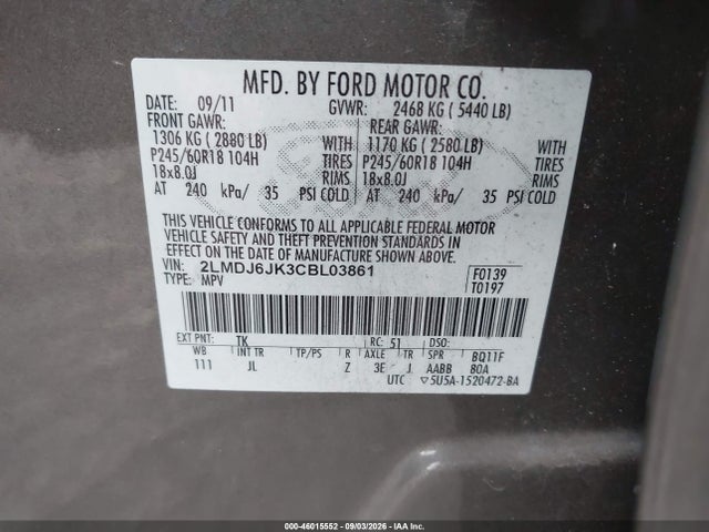 46015552 :رقم المزاد ، 2LMDJ6JK3CBL03861 vin ، 2012 Lincoln Mkx مزاد بيع
