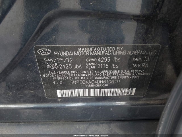 46015563 :رقم المزاد ، 5NPEC4AC4DH610649 vin ، 2013 Hyundai Sonata Limited مزاد بيع
