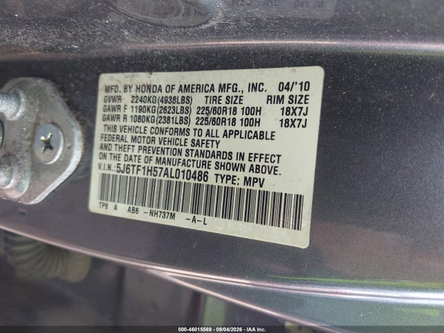46015569 :رقم المزاد ، 5J6TF1H57AL010486 vin ، 2010 Honda Accord Crosstour Ex-l مزاد بيع