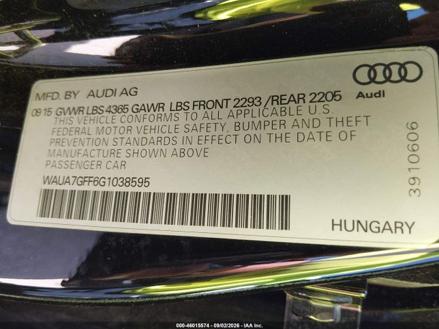 Aukcja sprzedaży 2016 Audi A3 Premium, vin: WAUA7GFF6G1038595, numer aukcji: 46015574