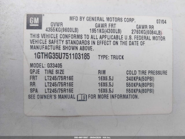 Aukcja sprzedaży 2005 Gmc Savana Standard, vin: 1GTHG35U751103185, numer aukcji: 46015587