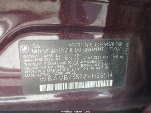Aukcja sprzedaży 2008 Bmw 335i, vin: WBAVB73578VH25514, numer aukcji: 46015609