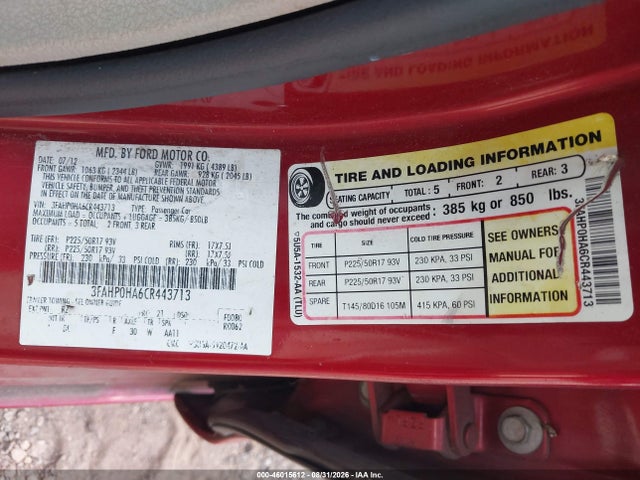 Продажа на аукционе авто 2012 Ford Fusion Se, vin: 3FAHP0HA6CR443713, номер лота: 46015612