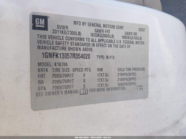 Продаж на аукціоні авто 2007 Chevrolet Tahoe Ls, vin: 1GNFK13057R354020, номер лоту: 46015645