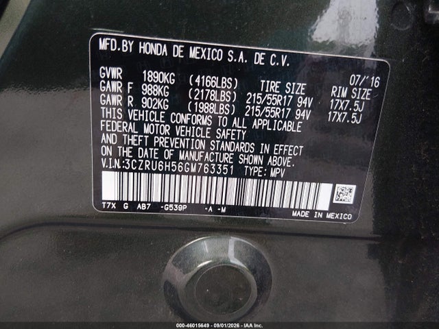 Продажа на аукционе авто 2016 Honda Hr-v Ex, vin: 3CZRU6H56GM763351, номер лота: 46015649