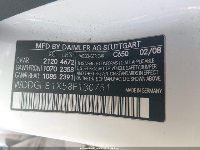 46015650 :رقم المزاد ، WDDGF81X58F130751 vin ، 2008 Mercedes-benz C 300 Luxury 4matic/sport 4matic مزاد بيع
