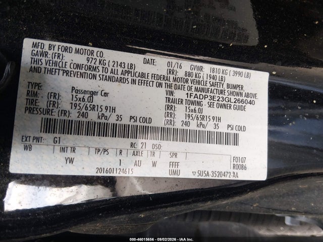 2016 Ford Focus S მანქანა იყიდება აუქციონზე, vin: 1FADP3E23GL266040, აუქციონის ნომერი: 46015656