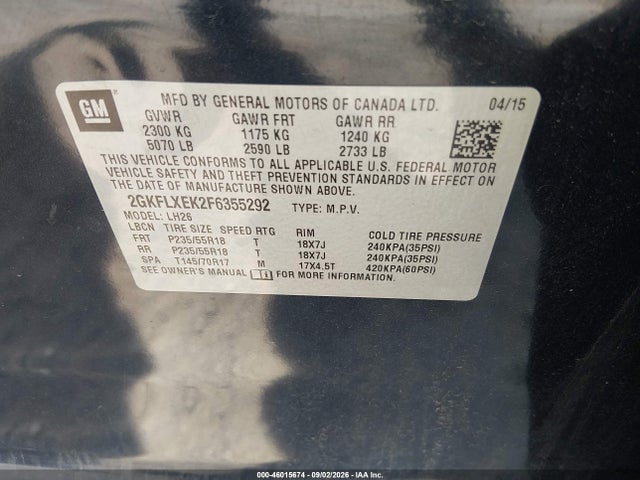 Aukcja sprzedaży 2015 Gmc Terrain Slt-1, vin: 2GKFLXEK2F6355292, numer aukcji: 46015674