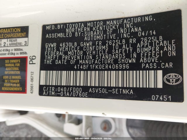 Продажа на аукционе авто 2014 Toyota Camry Le, vin: 4T4BF1FK0ER406996, номер лота: 46015685