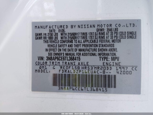 Aukcja sprzedaży 2026 Nissan Kicks Sv, vin: 3N8AP6CE6TL368415, numer aukcji: 46015698