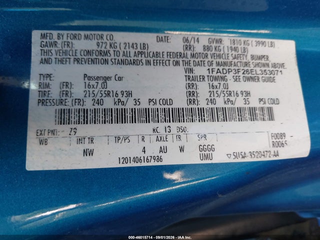 2014 Ford Focus Se მანქანა იყიდება აუქციონზე, vin: 1FADP3F26EL353071, აუქციონის ნომერი: 46015714