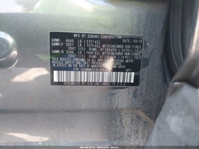 2019 Subaru Ascent Touring მანქანა იყიდება აუქციონზე, vin: 4S4WMARD9K3464878, აუქციონის ნომერი: 46015716