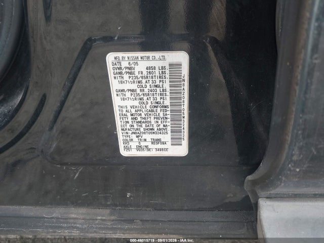 2005 Nissan Murano S მანქანა იყიდება აუქციონზე, vin: JN8AZ08T05W324325, აუქციონის ნომერი: 46015719
