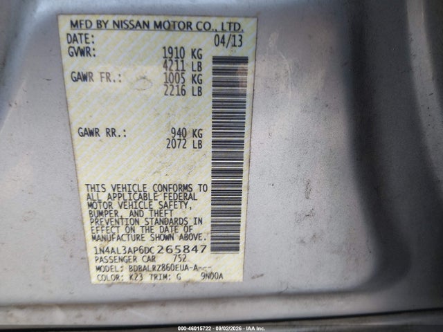 Продажа на аукционе авто 2013 Nissan Altima 2.5 S, vin: 1N4AL3AP6DC265847, номер лота: 46015722