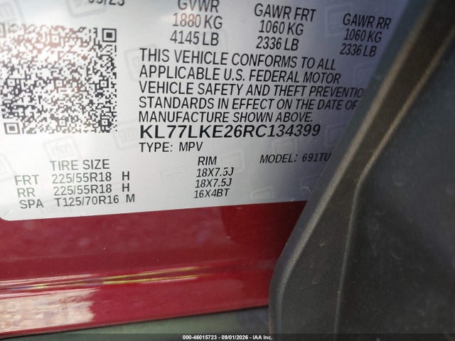 2024 Chevrolet Trax Fwd Activ მანქანა იყიდება აუქციონზე, vin: KL77LKE26RC134399, აუქციონის ნომერი: 46015723