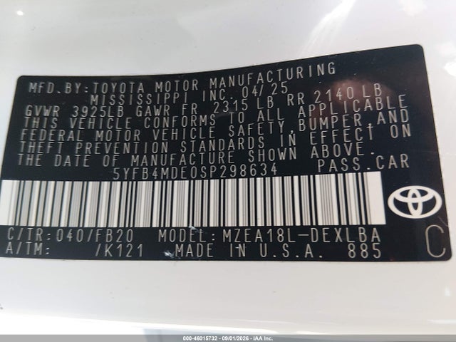 Aukcja sprzedaży 2025 Toyota Corolla Le, vin: 5YFB4MDE0SP298634, numer aukcji: 46015732