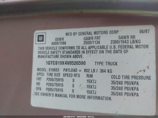 1997 Gmc Sonoma Sls Wideside მანქანა იყიდება აუქციონზე, vin: 1GTCS19X4V8526590, აუქციონის ნომერი: 46015731