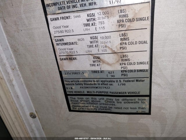46015757 :رقم المزاد ، 4VZBN109XWC027422 vin ، 1998 Spartan Motors Motorhome 4vz مزاد بيع