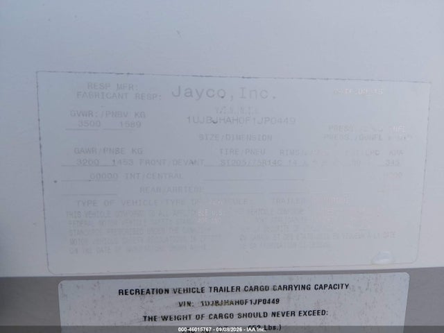 2015 Jayco Jay Feather მანქანა იყიდება აუქციონზე, vin: 1UJBJHAH0F1JP0449, აუქციონის ნომერი: 46015767