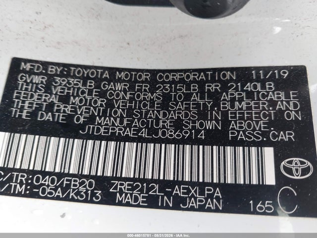 Aukcja sprzedaży 2020 Toyota Corolla Le, vin: JTDEPRAE4LJ086914, numer aukcji: 46015781