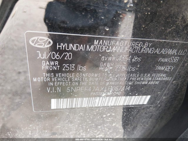 46015785 :رقم المزاد ، 5NPEF4JAXLH057414 vin ، 2020 Hyundai Sonata Sel مزاد بيع