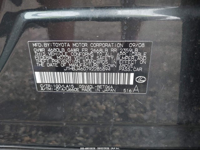 46015836 :رقم المزاد ، JTHBJ46G792285894 vin ، 2009 Lexus Es 350 مزاد بيع