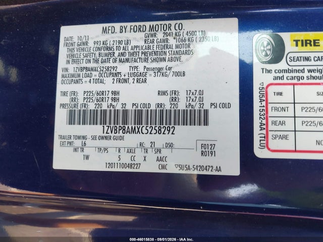 Aukcja sprzedaży 2012 Ford Mustang V6, vin: 1ZVBP8AMXC5258292, numer aukcji: 46015838