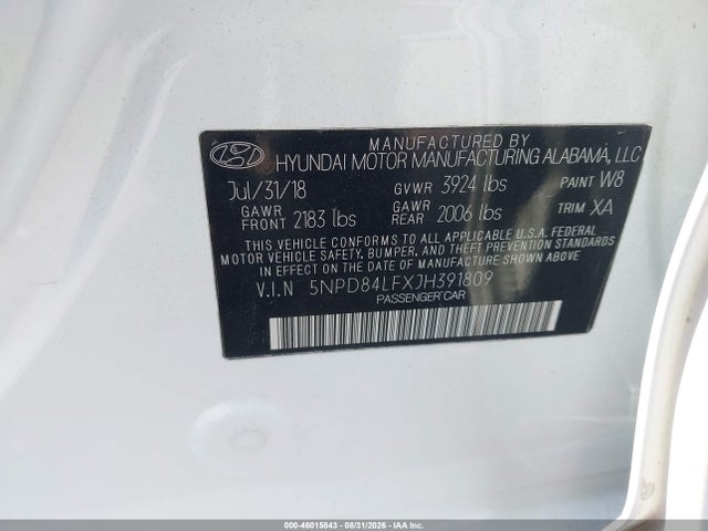 Aukcja sprzedaży 2018 Hyundai Elantra Value Edition, vin: 5NPD84LFXJH391809, numer aukcji: 46015843
