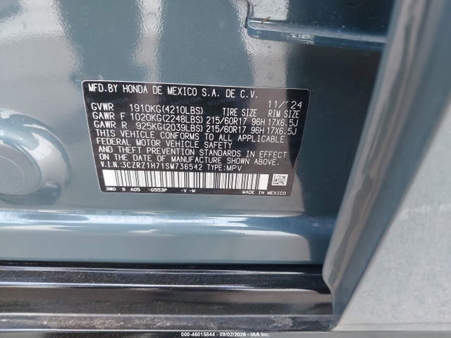 2025 Honda Hr-v 2wd Ex-l მანქანა იყიდება აუქციონზე, vin: 3CZRZ1H71SM736542, აუქციონის ნომერი: 46015844