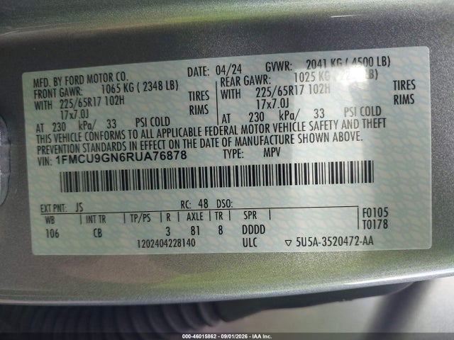 Продажа на аукционе авто 2024 Ford Escape Active, vin: 1FMCU9GN6RUA76878, номер лота: 46015862