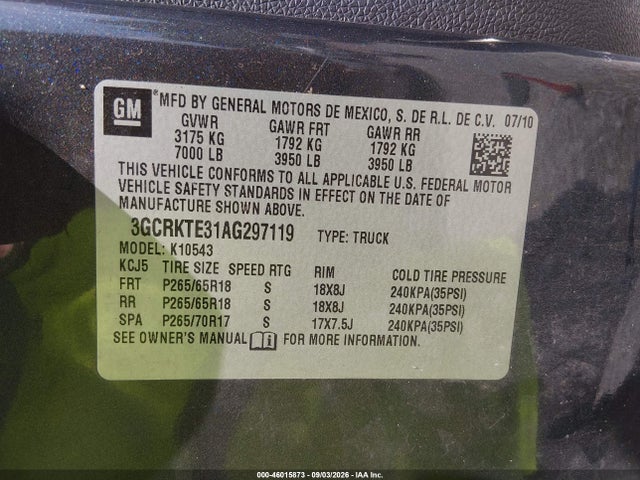 2010 Chevrolet Silverado 1500 Ltz მანქანა იყიდება აუქციონზე, vin: 3GCRKTE31AG297119, აუქციონის ნომერი: 46015873